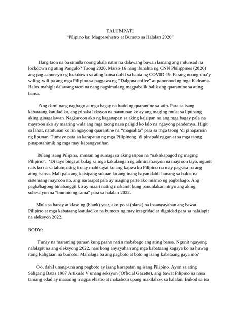 extemporaneous speech in tagalog|Talumpati 1 .
